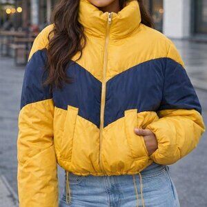 Love Tree size small Yellow and Navy striped Puffer Jacket adjustable waist